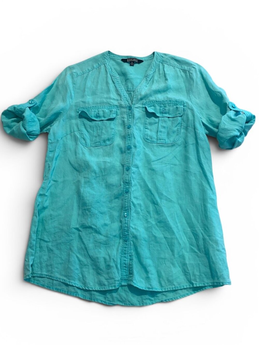 Nicole Miller Original Linen Button Down Blouse‎ Sz L Green #191M